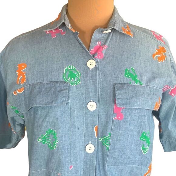 Vintage 80s Diane Von Furstenberg Shirt Chambray Denim Southwestern Abstract Art - Picture 1 of 10